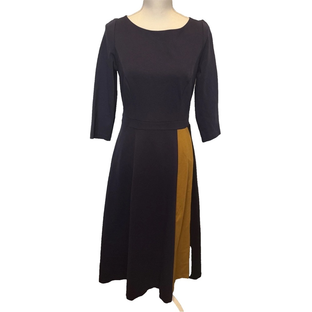Boden Claudia Ponte Midi Dress Navy Gold Size 4 Colorblock Fit and Flare - Picture 9 of 10